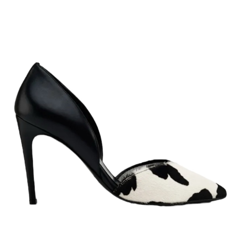 Dear Frances Black Leather Cow Print Pointed Toe D’Orsay High Heels Size 40